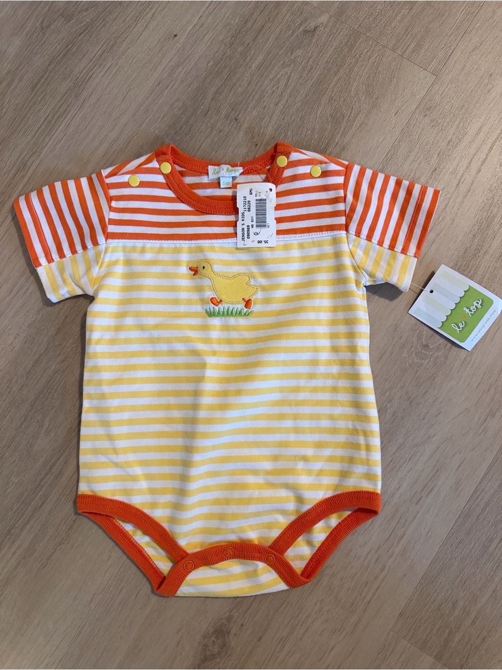 Le Top Yellow & Orange Striped Duck Applique One-Piece